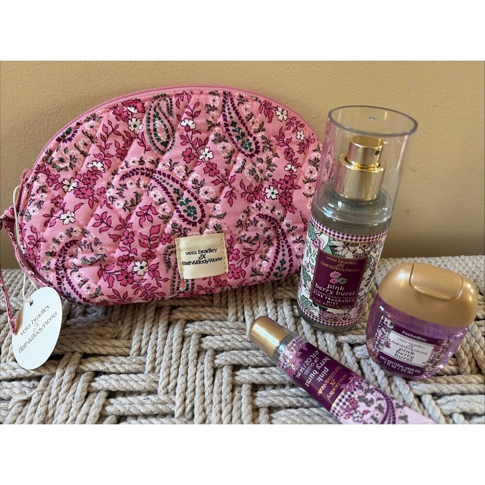 4 Pcs Gift Set Bath & Body Works Vera Bradley Pink Paisley Cosmetic Bag Set NWT